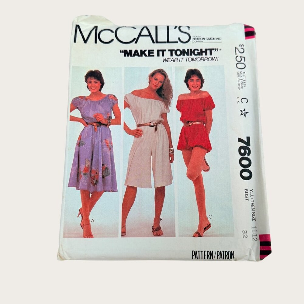 Vintage McCalls Sewing Pattern 7600 Junior Teen Dress Jumpsuit Sz 11-12 Bust 32